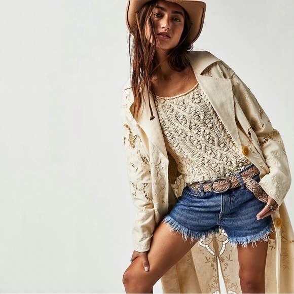 Free People We the Free Cayman Blue Denim Loving Good Vibrations Cutoff Shorts - Picture 2 of 8